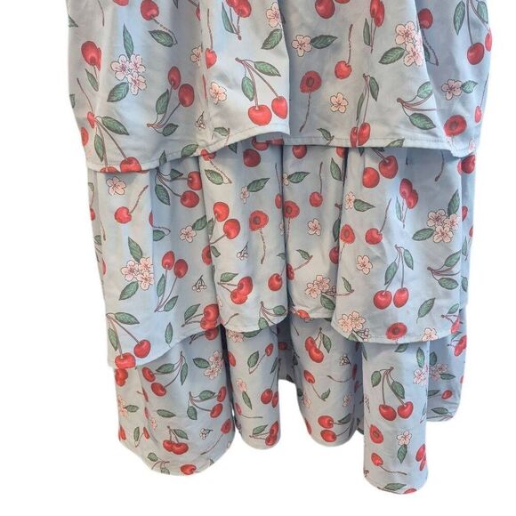 Belle Pogue Women's Baby Blue & Red Cherry Print Poly/Spandex Retro Lined Halter - Picture 2 of 13